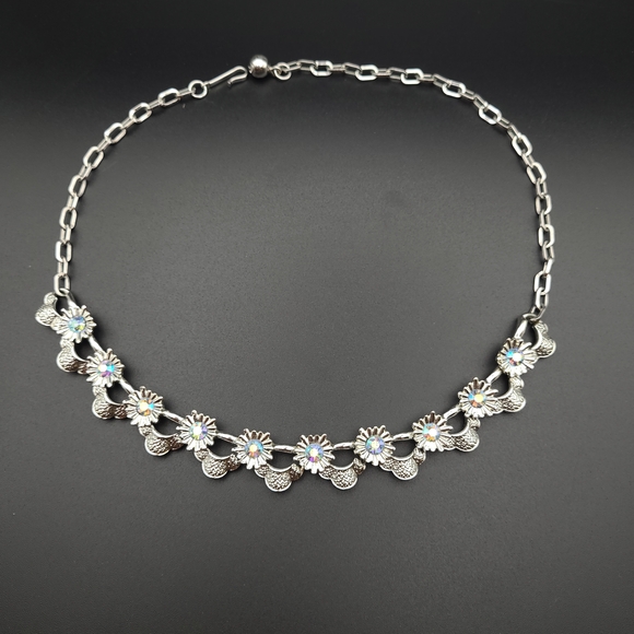 Coro Signed Silver Floral Choker Necklace with Irridescent Blue Crystals - Picture 3 of 7